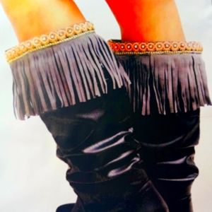 NEW Rhinestones & Beads Suede Fringe Boot Toppers Boot Cuffs